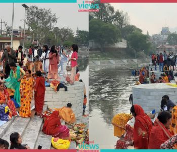 उदाउँदो सूर्यलाई अर्घ्य दिई काठमाडौंको बागमती नदी किनारमा चैती छठ सकियो