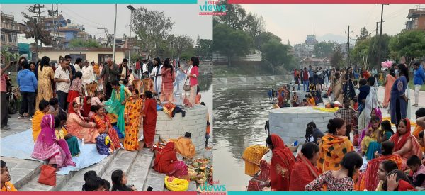 उदाउँदो सूर्यलाई अर्घ्य दिई काठमाडौंको बागमती नदी किनारमा चैती छठ सकियो